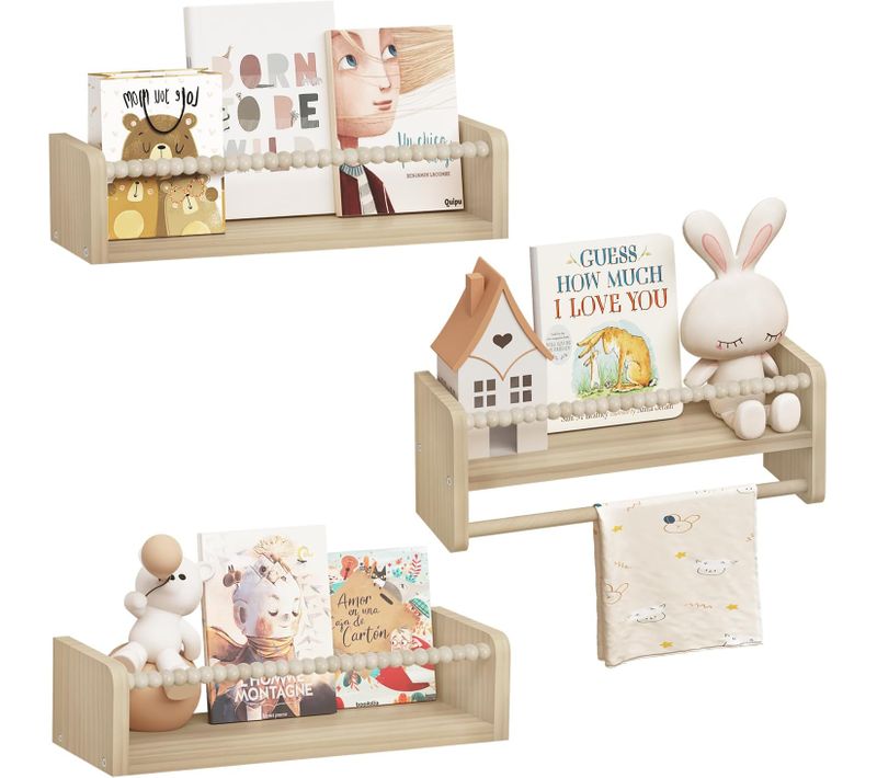 Lot De 3 Étagère Murale Pour Enfant,En Bois Massif,Bibliothèque Enfant Avec Perles En Bois,40cm
