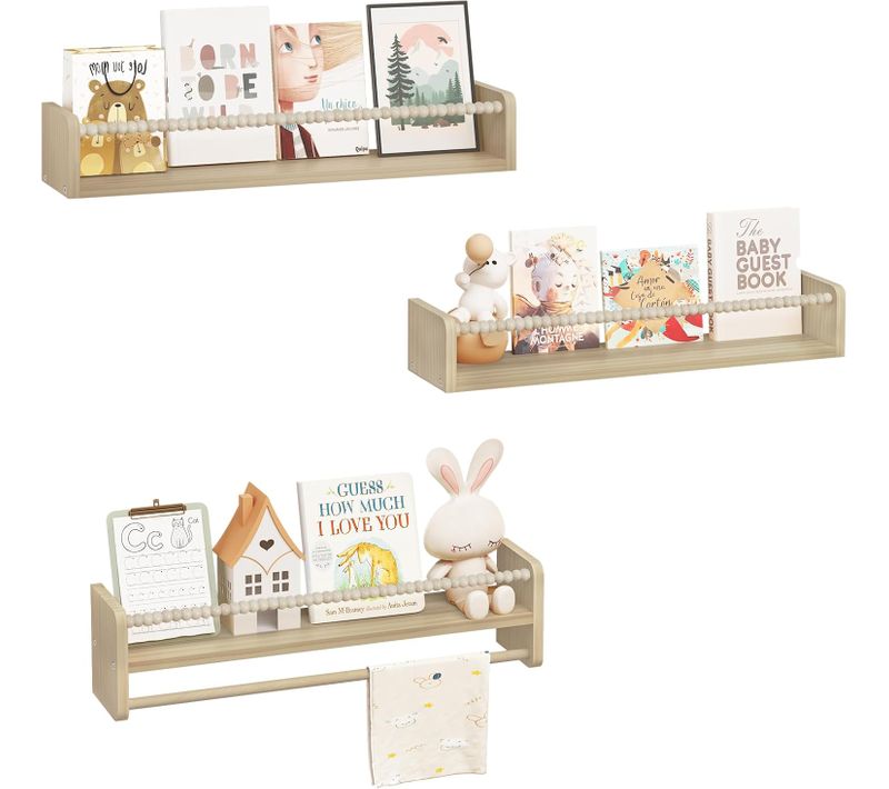 Lot De 3 Étagère Murale Pour Enfant,en Bois Massif,bibliothèque Enfant Avec Perles En Bois,60cm