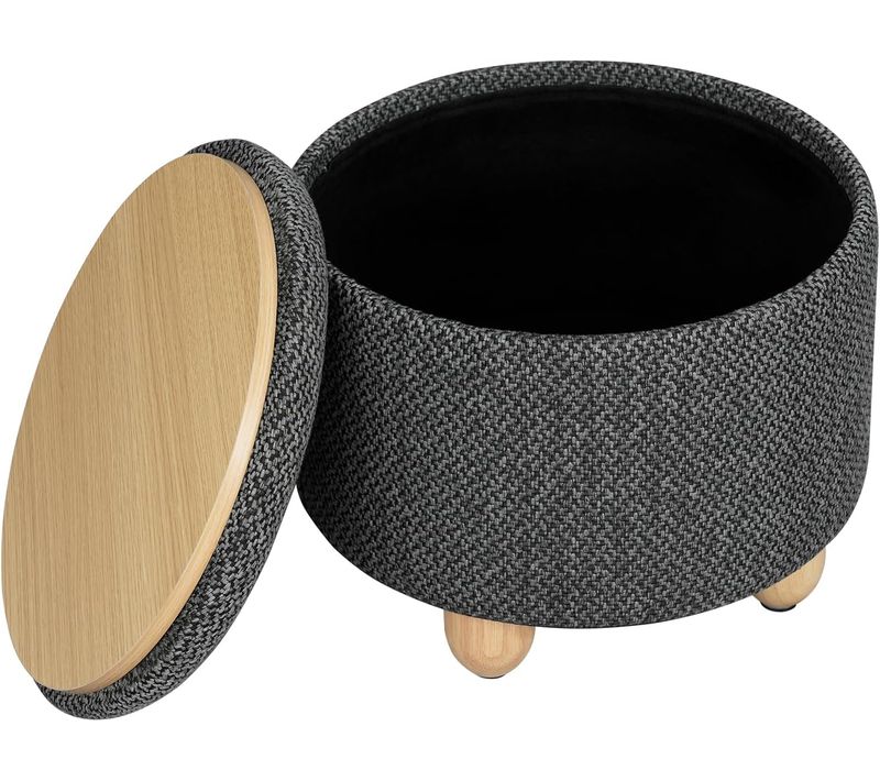 Pouf De Rangement,tabouret Rembourré Avec Couvercle,pouf Avec Pieds En Pin,ø39x33cm,gris Foncé