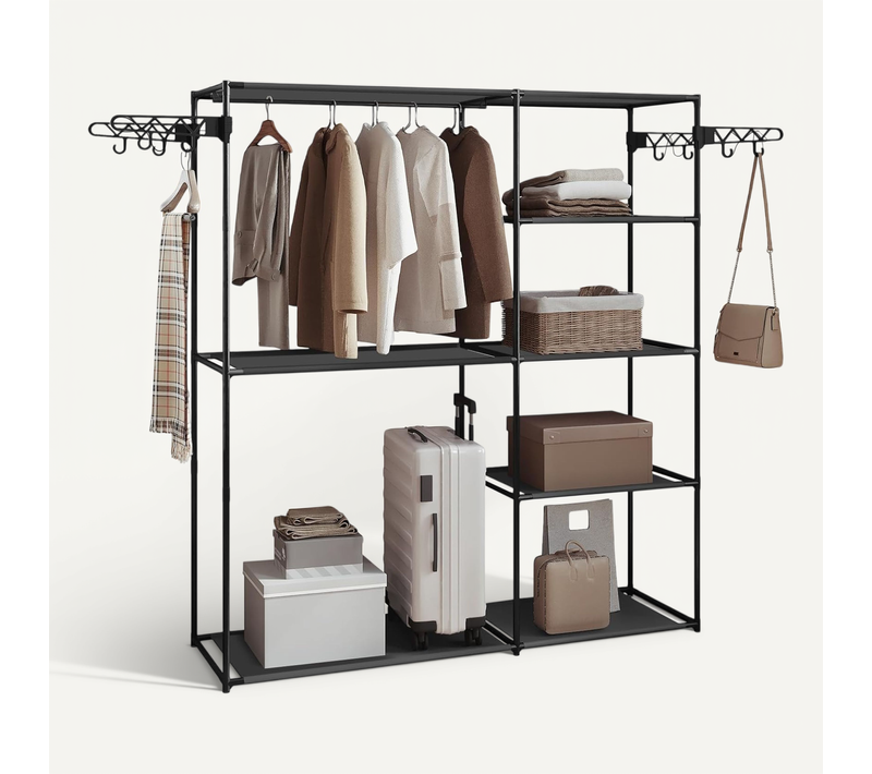 Penderie Vêtement,armoire Chambre,avec Barre De Suspension,crochets,en Métal Et Tissu,noir