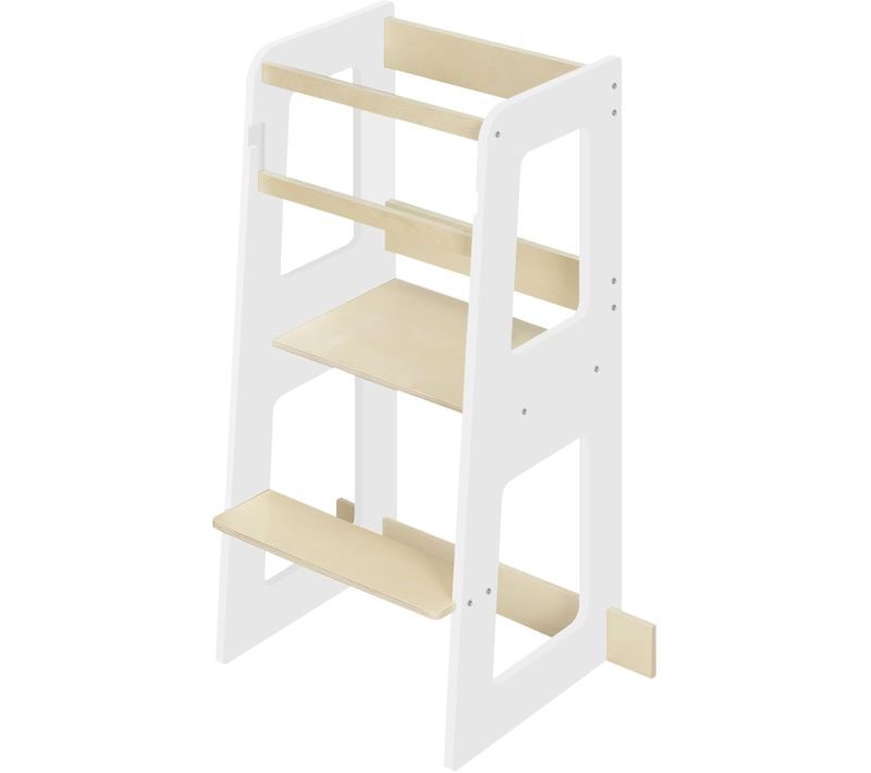 Tour D'apprentissage Montessori, Marchepieds, Avec Barre De Protection, Blanc+bois Naturel