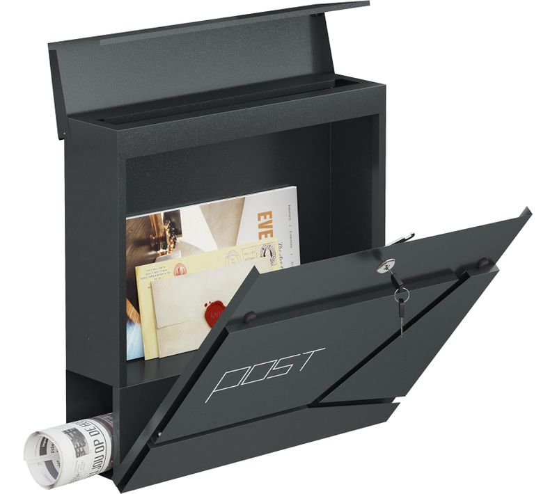 Boîte Aux Lettres Murale, Avec Porte-Journaux, Couvercle, Serrure Et Clé, Anthracite, 37x10,5x37cm
