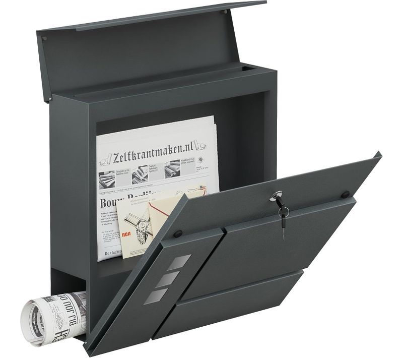 Boîte Aux Lettres Murale En Alliage,Avec 2 Clés,Couvercle à Charnière Et Porte-Journaux,Anthracite