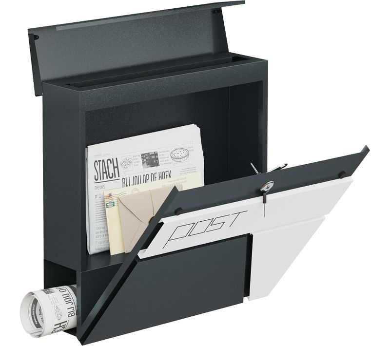 Boîte Aux Lettres Murale,Avec Porte-Journaux,Couvercle,Serrure Et Clé,Anthracite+Blanc,37x10,5x37cm