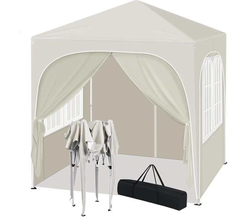 Tonnelle De Jardin Pliante 2x2m, Pergola Avec 4 Parois Latérales, Avec Sac De Transport, Beige