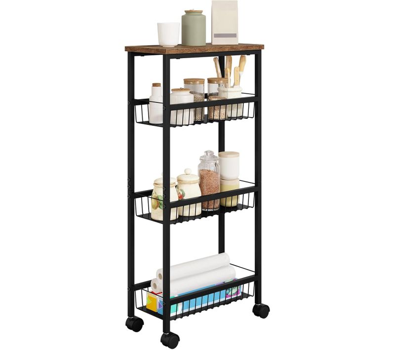 Chariot De Rangement Avec 3 Paniers,chariot De Cuisine Avec Freins,en Métal+mdf,marron Vintage