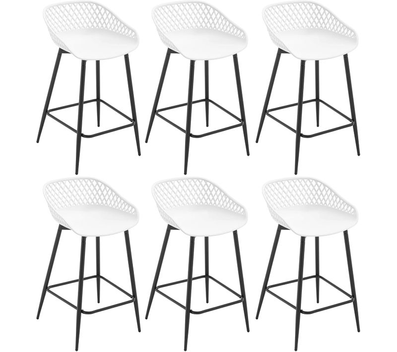Lot De 6 Tabourets De Bar Haut,Tabourets Extérieur Jardin Avec Siège Plastique,Pieds En Métal,Blanc