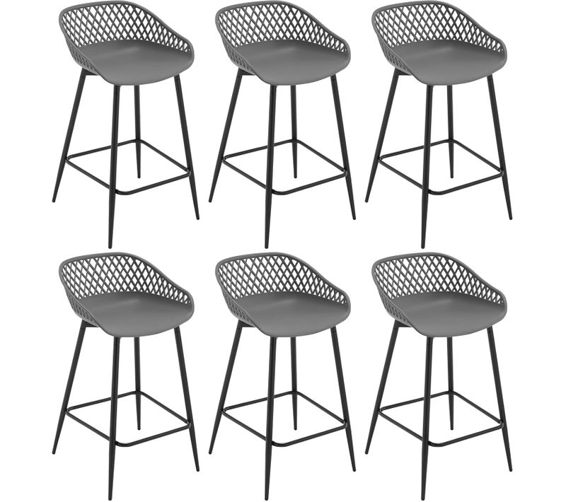 Lot De 6 Tabourets De Bar Haut,Tabourets Extérieur Jardin Avec Siège Plastique,Pieds En Métal,Gris