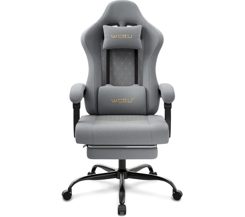 Chaise Gaming Massante, Fauteuil Gamer, Avec Soutien Lombaire Massant, Tissu Maille, Gris+Jaune