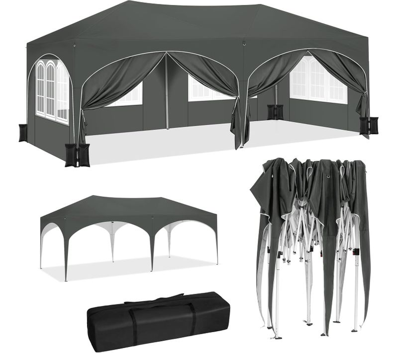 Tonnelle De Jardin Pliante,pergola,avec 6 Parois Latérales,4 Sacs De Sable,sac Transport,3x6m,gris