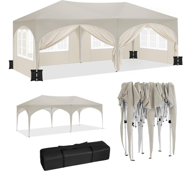 Tonnelle De Jardin Pliante,pergola,avec 6 Parois Latérales,4 Sacs De Sable,sac Transport,3x6m,beige
