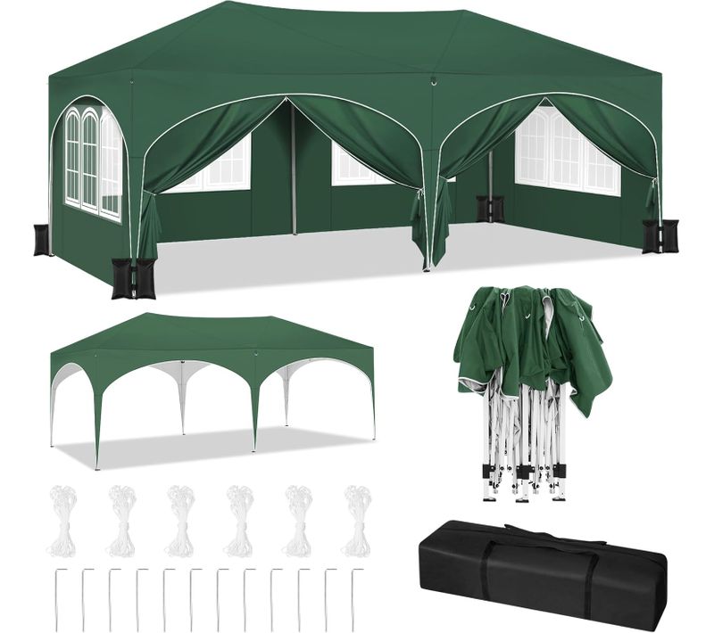 Tonnelle De Jardin Pliante,pergola,avec 6 Parois Latérales,4 Sacs De Sable,sac Transport,3x6m,vert