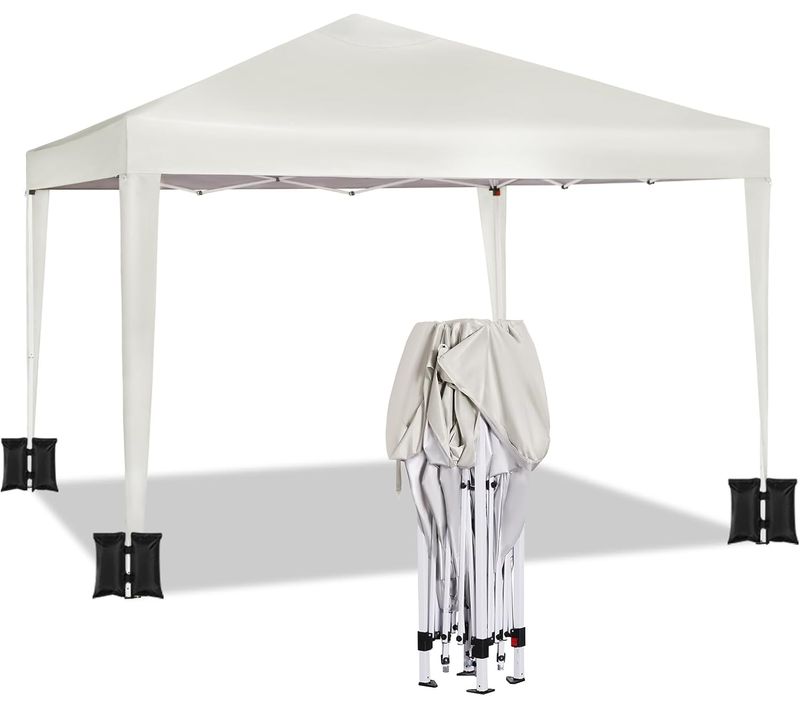 Tonnelle De Jardin Pliante 3x3m, Avec 4 Sacs De Sable, Sac De Transport, Hauteur Réglable, Beige