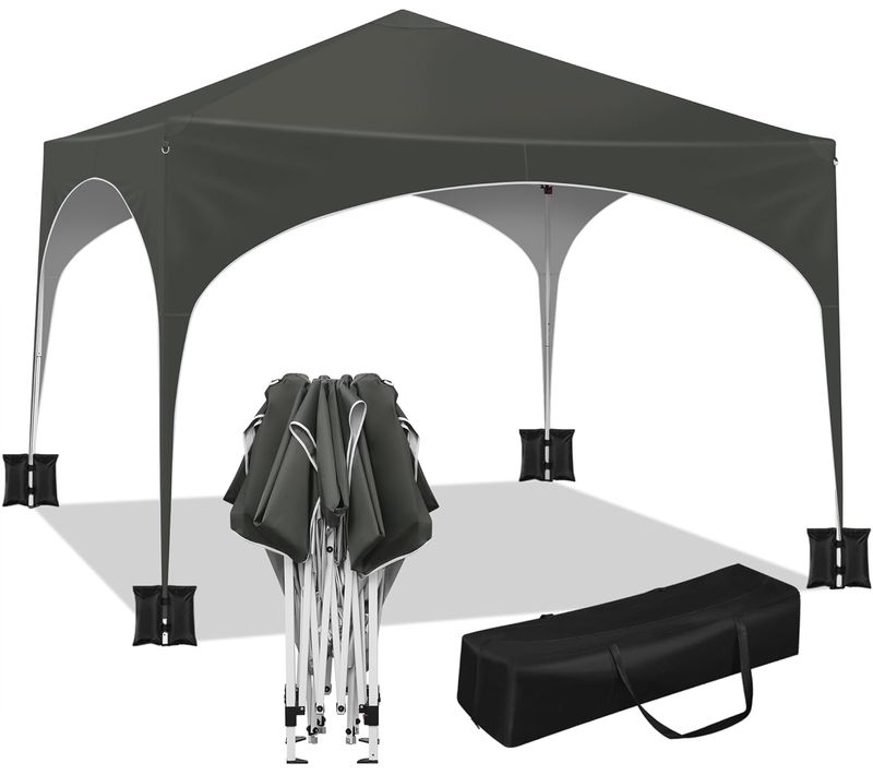 Tonnelle De Jardin Pliante 3x3m Avec 4 Sacs De Sable, Toit En Demi-cercle, Imperméable, Gris