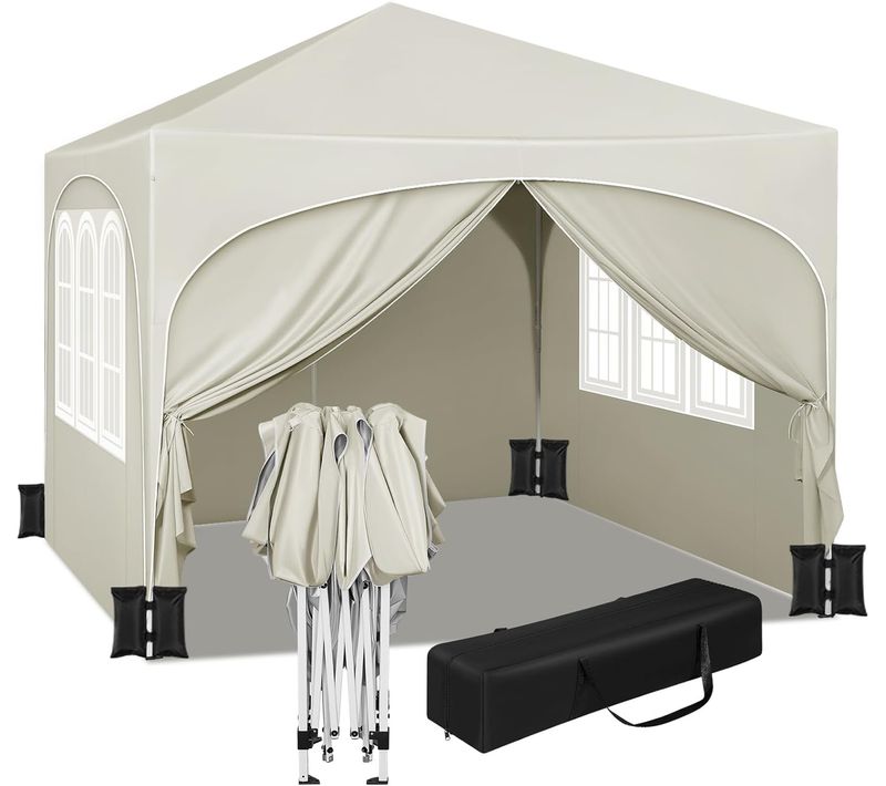 Tonnelle De Jardin Pliante 3x3m Avec 4 Sacs De Sable, 4 Parois Latérales, Toit En Demi-cercle, Beige