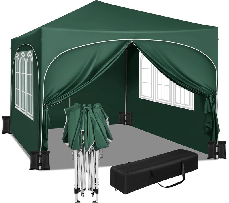 Tonnelle De Jardin Pliante 3x3m, Avec 4 Sacs De Sable, 4 Parois Latérales, Toit En Demi-cercle, Vert
