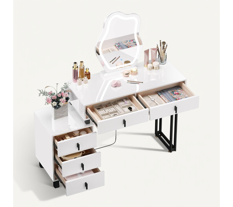 Coiffeuse Avec Miroir LED Réglable, Table De Maquillage Avec Plateau, Tiroirs, 1 Commode, Noir+Blanc
