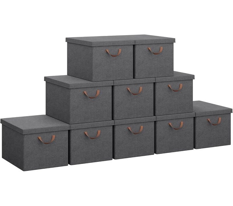 Lot De 10 Boîtes Rangement Avec Couvercle,coffre Pliable En Tissu,avec Poignée,gris,48x36x30cm