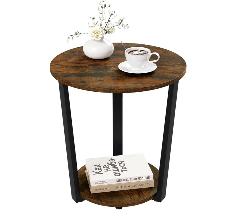 Table Basse Ronde, Table D'appoint à 2 Étagères, Cadre En Métal, En Bois Composé, Effet Bois Brûlé