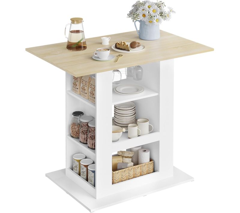 Table Bar Haute, Mange Debout, 2 Porte-verres, 3 Casiers Ouverts, 105x94x68cm, Blanc+chêne Clair