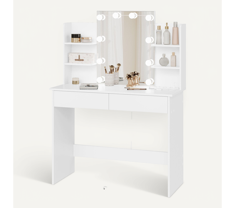 Coiffeuse Avec Miroir LED, Prises De Courant, Table De Maquillage, 90x135x40cm, Blanc