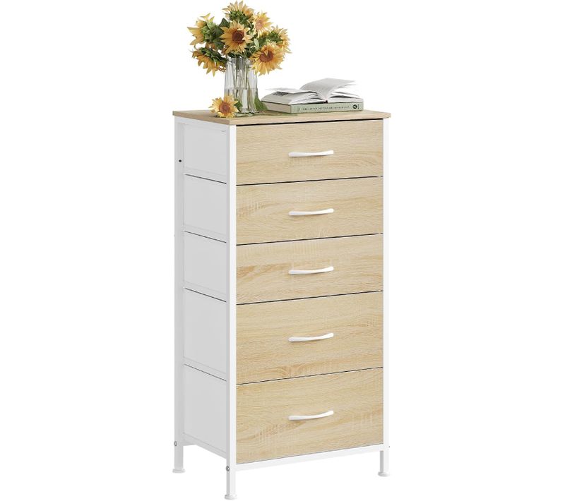 Commode, Meuble De Rangement, Avec 5 Tiroirs En Tissu, En Mdf Cadre En Métal, Chêne Clair + Blanc