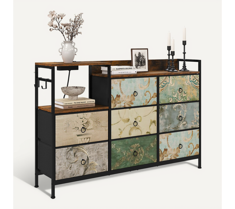Commode à 8 Tiroirs En Tissu, Avec Station De Charge, Marron Rustique+noir+motif De Fleur Vintage