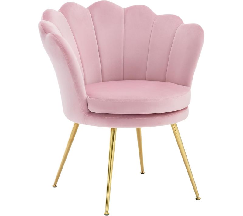 Fauteuil Salon, Dossier En Forme De Pétale, Chaise Coiffeuse En Velours, Pieds En Métal, Rose