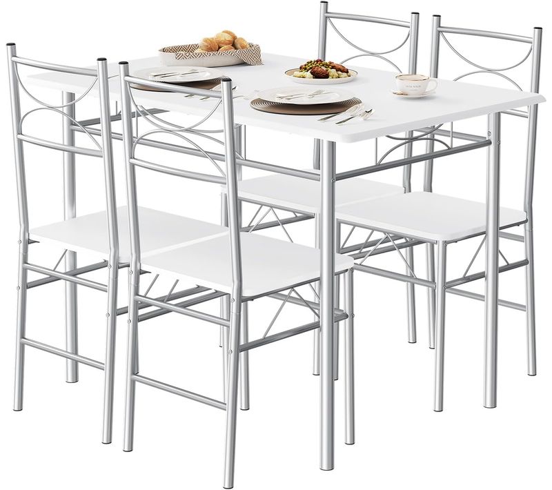 Table à Manger Avec 4 Chaises, Ensemble Table Et 4 Chaises, En Mdf Et Métal, Blanc + Argenté
