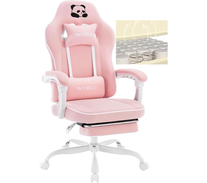 Fauteuil Gaming, Avec Coussin à Ressorts Ensachés, Appui-tête, Support Lombaire, Repose-pieds, Rose
