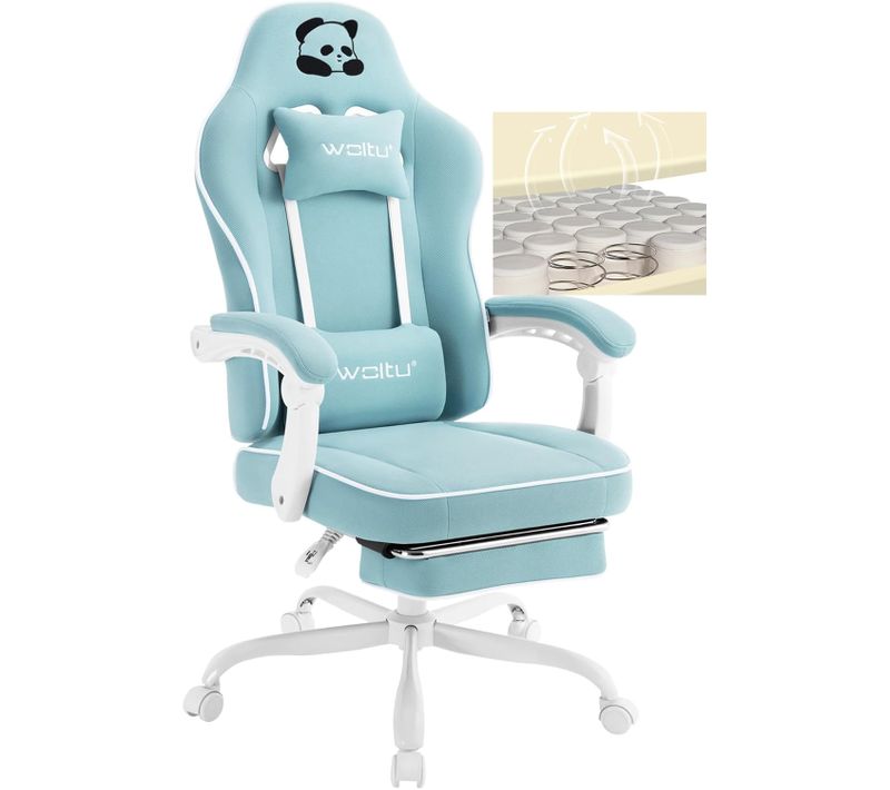Fauteuil Gaming, Avec Coussin à Ressorts Ensachés, Appui-tête, Support Lombaire, Repose-pieds, Bleu