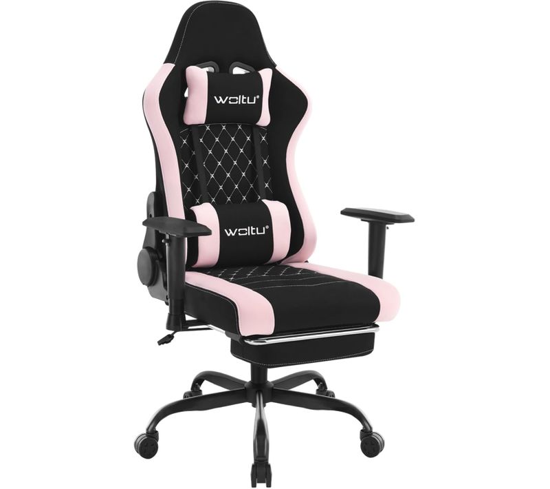 Chaise Gaming,Fauteuil Gaming Massant,Avec Coussin Lombaire,Siège à Ressorts,Tissu Maille,Noir+Rose