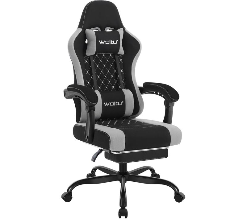 Chaise Gaming, Fauteuil Gamer, Avec Coussin à Ressorts, Soutien Lombaire, Tissu Maille, Noir+gris