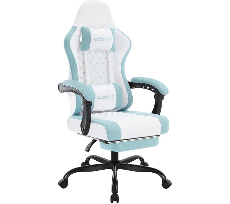 Chaise Gaming, Fauteuil Gamer, Avec Coussin à Ressorts, Soutien Lombaire, Tissu Maille, Blanc+bleu
