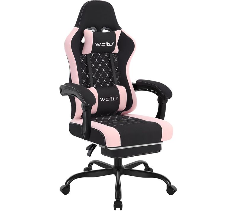 Chaise Gaming, Fauteuil Gamer, Avec Coussin à Ressorts, Soutien Lombaire, Tissu Maille, Noir+rose