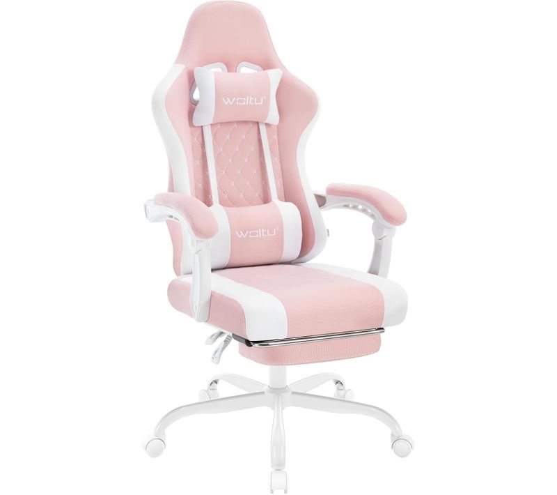 Chaise Gaming, Fauteuil Gamer, Avec Coussin à Ressorts, Soutien Lombaire, Tissu Maille, Rose+blanc