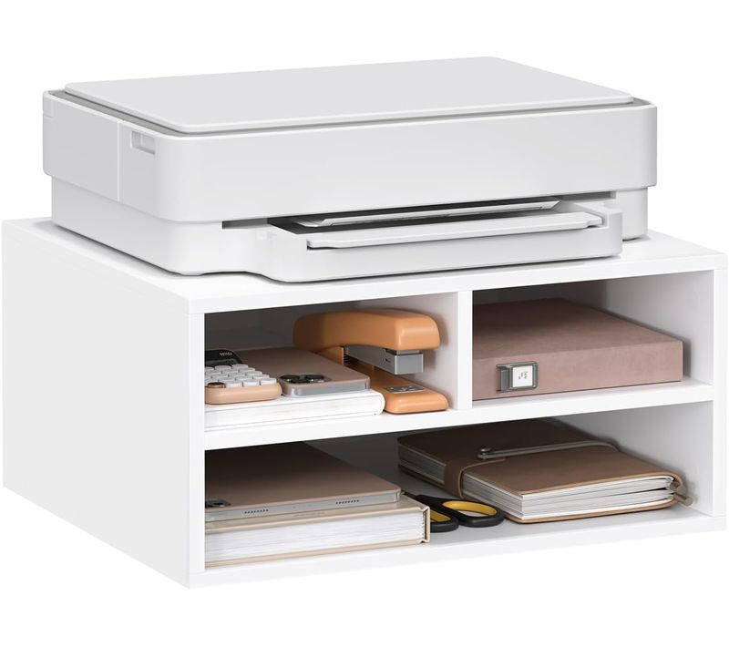 Meuble Rangement Bureau Avec 3 Compartiments, Meuble Imprimante Avec Rangement, 47x40x22,5cm, Blanc