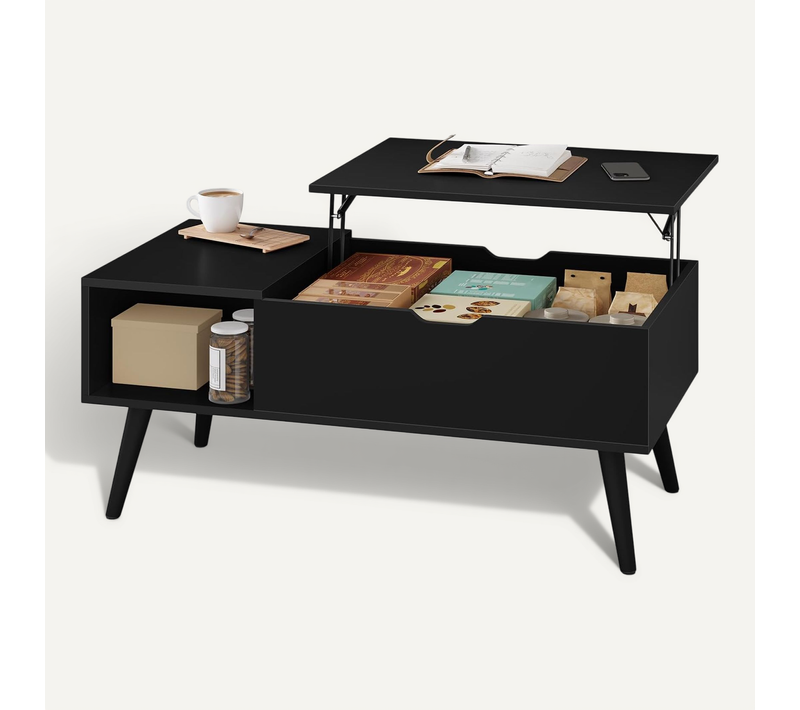 Table Basse Relevable, Table De Salon, Avec Espace De Rangement Intérieur, 100x50x(43-57) Cm, Noir