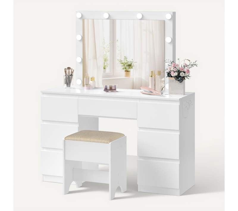 Coiffeuse Avec Miroir LED, Tabouret, Multiprise, Luminosité Réglable, 110x39,5x140,5cm, Blanc