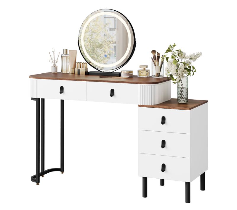 Coiffeuse Avec Miroir LED Réglable, Avec Tiroirs, 1 Commode,Miroir Pivotant,Effet Bois Marron Orangé