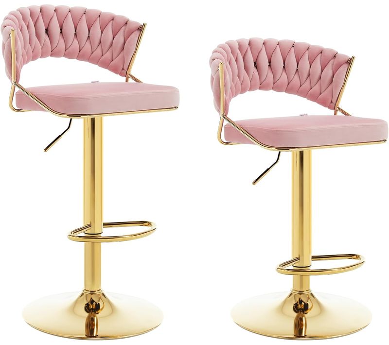 2 X Tabouret De Bar Avec Dossier Tissé, Pivotant, Hauteur Réglable, Base En Métal, En Velours, Rose