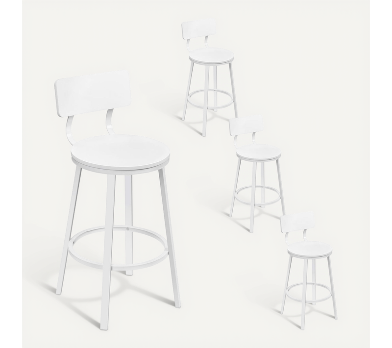 Lot De 4 Tabouret De Bar, Chaise De Bar, Avec Repose-pieds Et Dossier, En Métal Et Mdf, Blanc