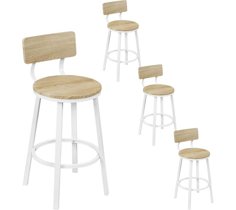 Lot De 4 Tabouret De Bar, Chaise De Bar, Avec Repose-pieds Et Dossier, En Métal Et Mdf, Chêne Clair
