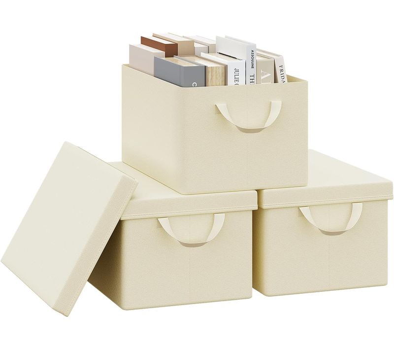 Lot De 3 Boîte De Rangement Pliable, Panier De Rangement En Tissu, Avec Poignées, Crème, 38x20x27cm