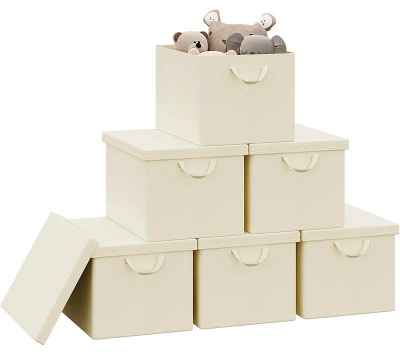 Lot De 6 Boîte De Rangement Pliable, Panier De Rangement En Tissu, Avec Poignées, Crème, 48x30x36cm