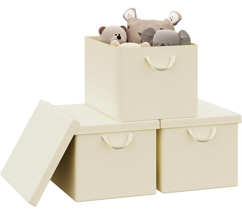 Lot De 3 Boîte De Rangement Pliable, Panier De Rangement En Tissu, Avec Poignées, Crème, 48x30x36cm
