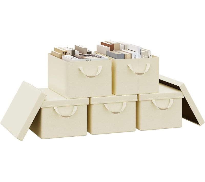 Lot De 5 Boîte De Rangement Pliable, Panier De Rangement En Tissu, Avec Poignées, Crème, 38x20x27cm