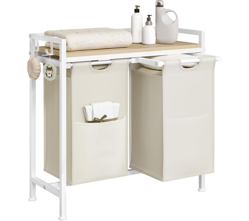 Panier à Linge 2 Compartiments, 40l/panier, Avec Étagère,en Tissu Oxford Amovible,blanc+chêne Clair