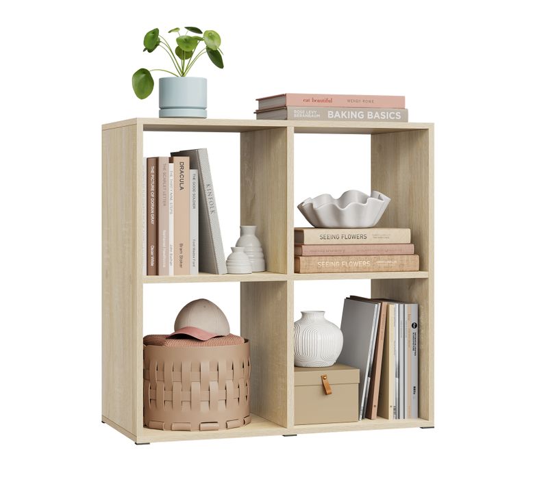 Bibliothèque, Étagère Rangement Avec 4 Cubes, Meuble Rangement, En Bois D'ingénierie, Chêne Clair