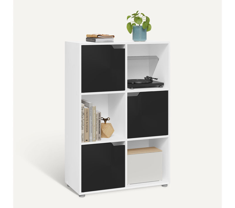 Bibliothèque Étagère De Rangement, Meuble Cube 59,6x29x91cm, En MDF, Avec 3 Portes, Blanc+Noir
